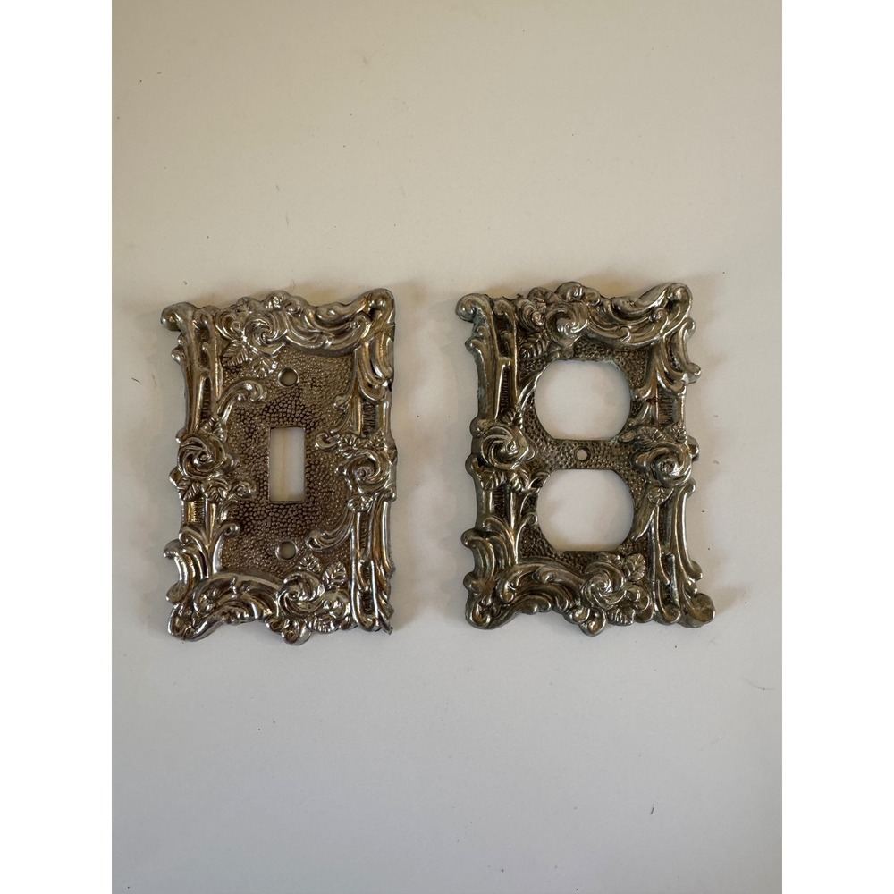 Vintage 1967 American Tack & Howe Co Silver Ornate Light Switch Outlet Cover Set